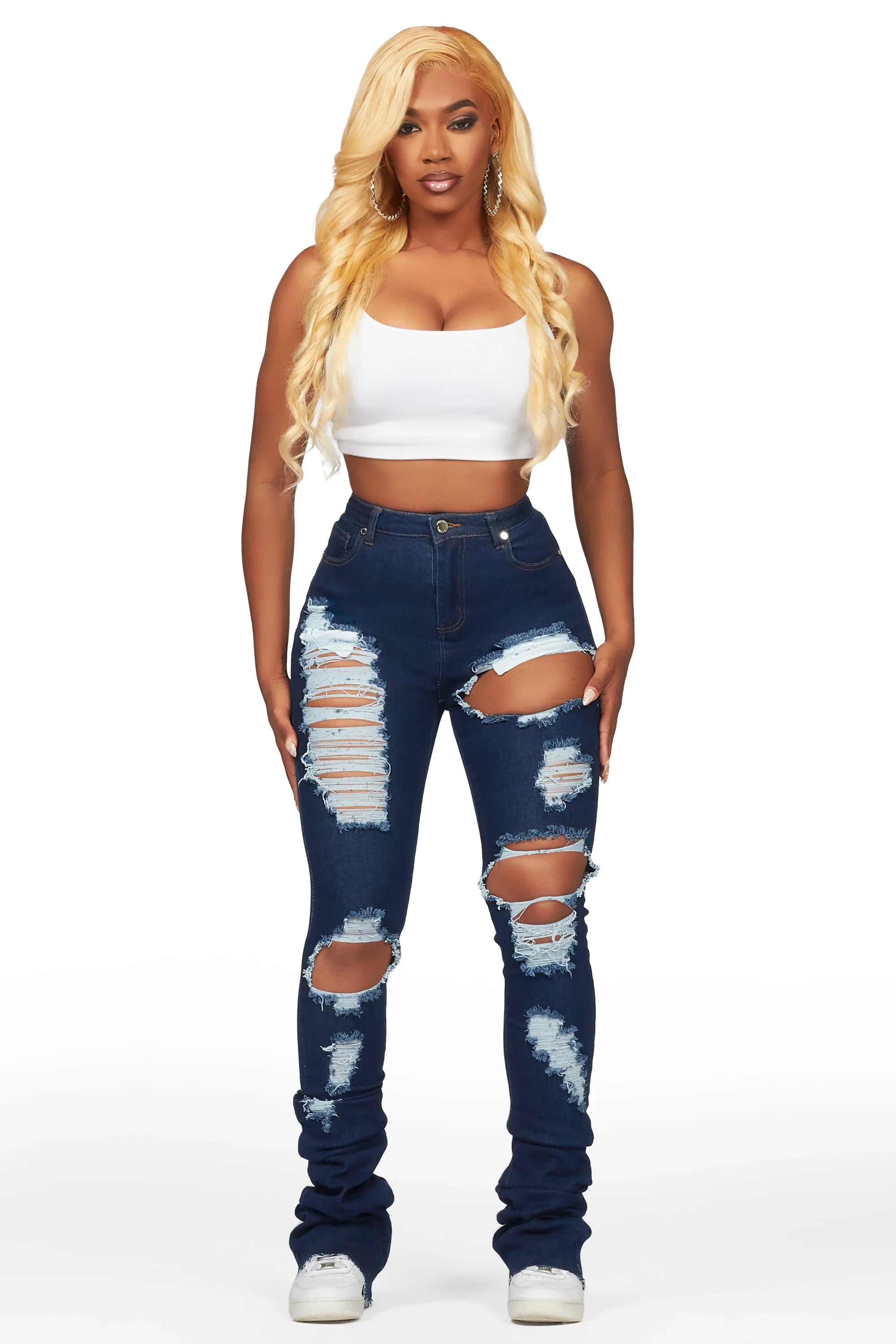 Nadine Dark Wash Distressed Super Stacked Jean