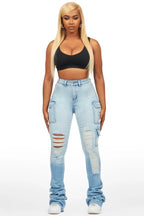 Vixen Light Wash Distressed Cargo Super Stacked Jean