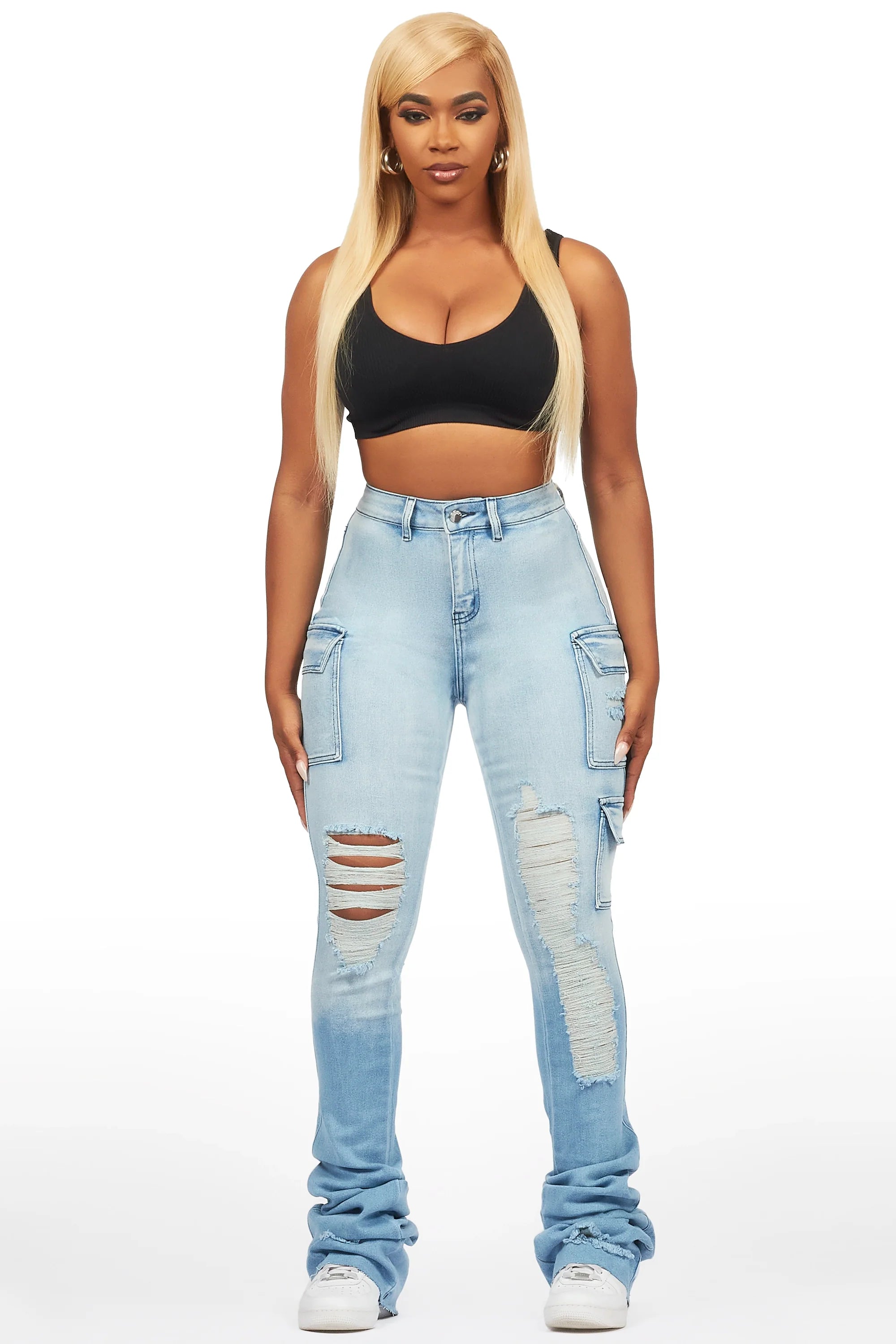 Vixen Light Wash Distressed Cargo Super Stacked Jean