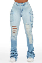 Vixen Light Wash Distressed Cargo Super Stacked Jean