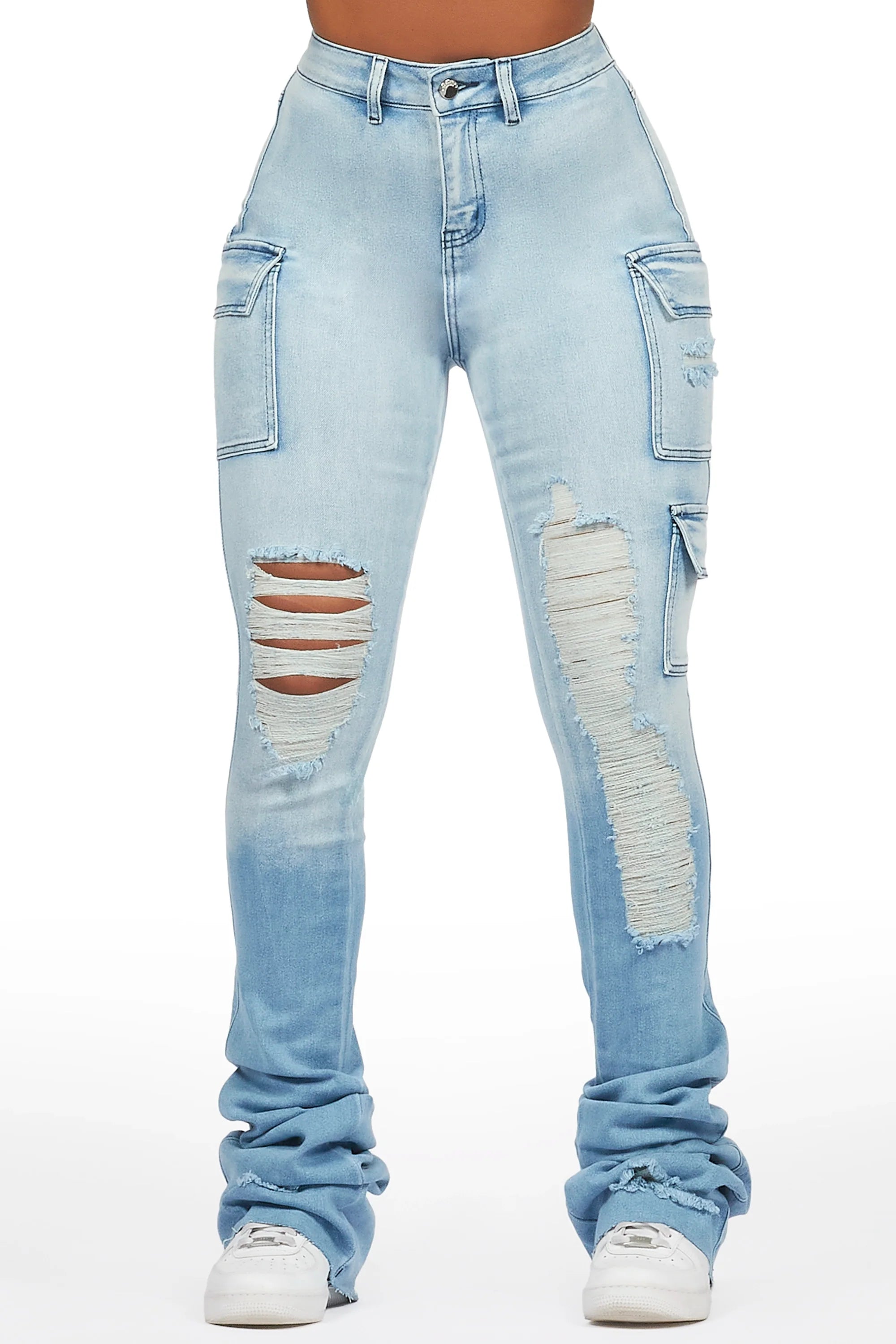 Vixen Light Wash Distressed Cargo Super Stacked Jean