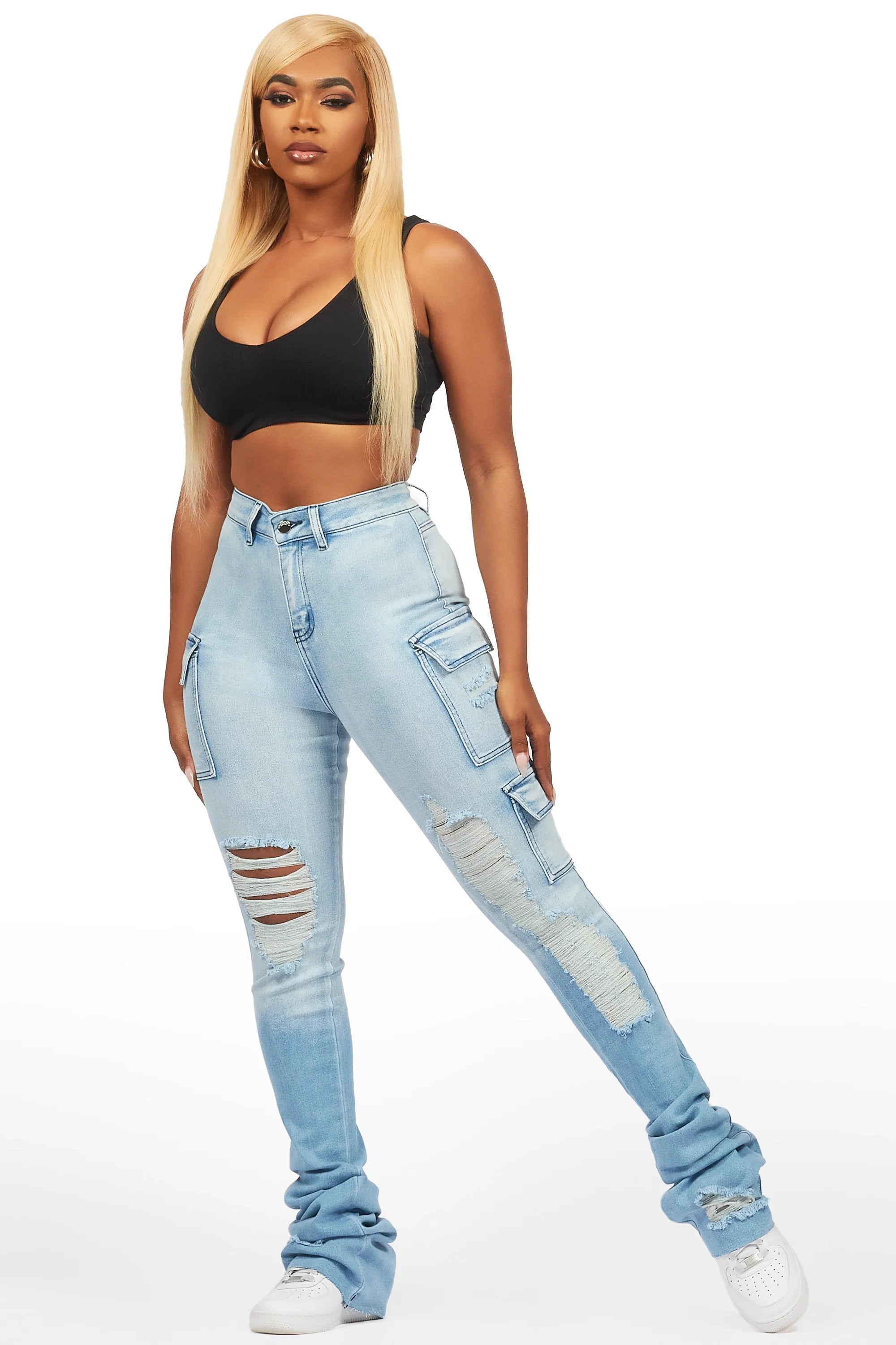 Vixen Light Wash Distressed Cargo Super Stacked Jean