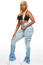 Vixen Light Wash Distressed Cargo Super Stacked Jean