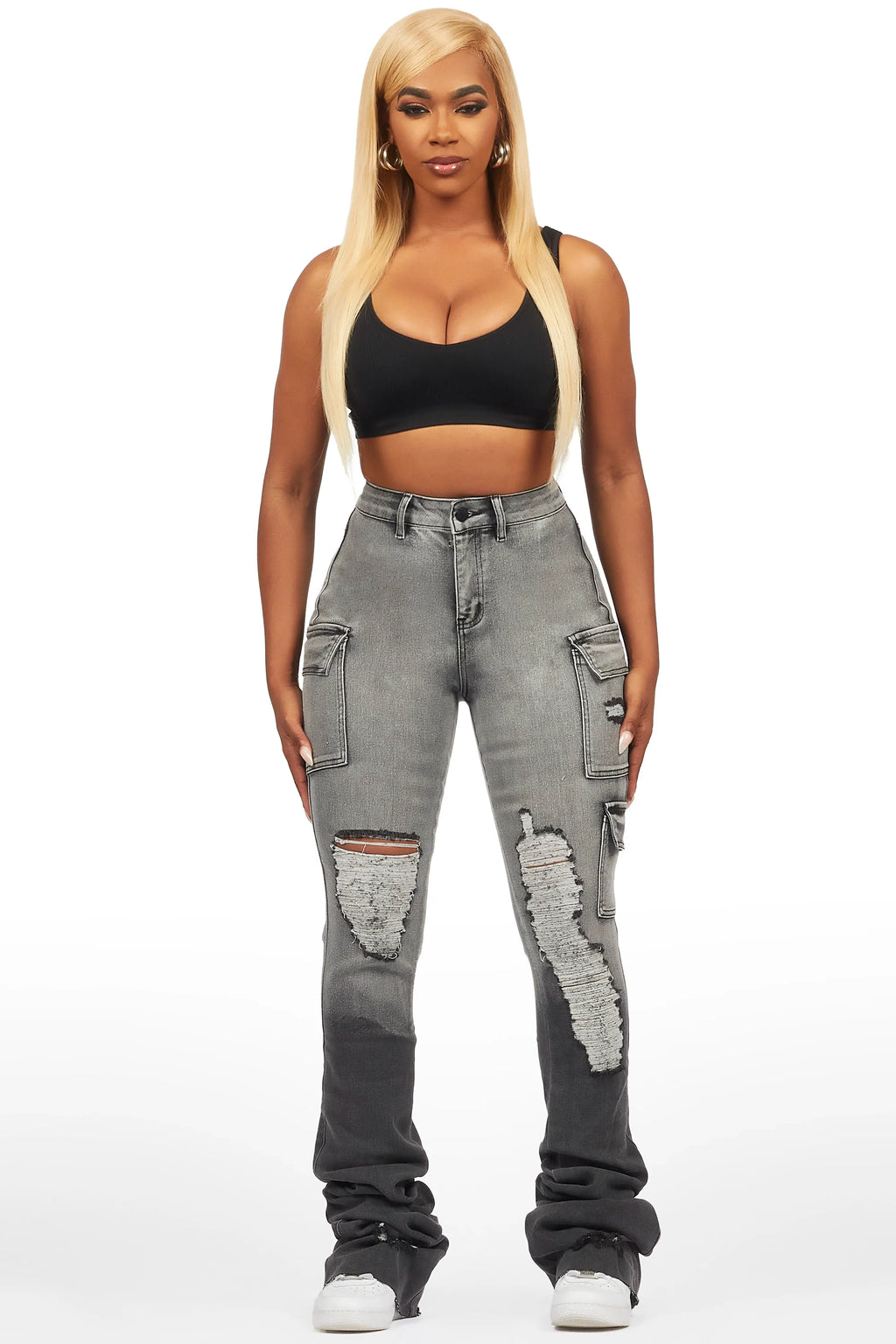Vixen Grey Wash Distressed Cargo Super Stacked Jean