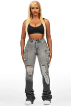 Vixen Grey Wash Distressed Cargo Super Stacked Jean