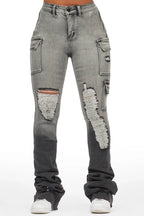 Vixen Grey Wash Distressed Cargo Super Stacked Jean