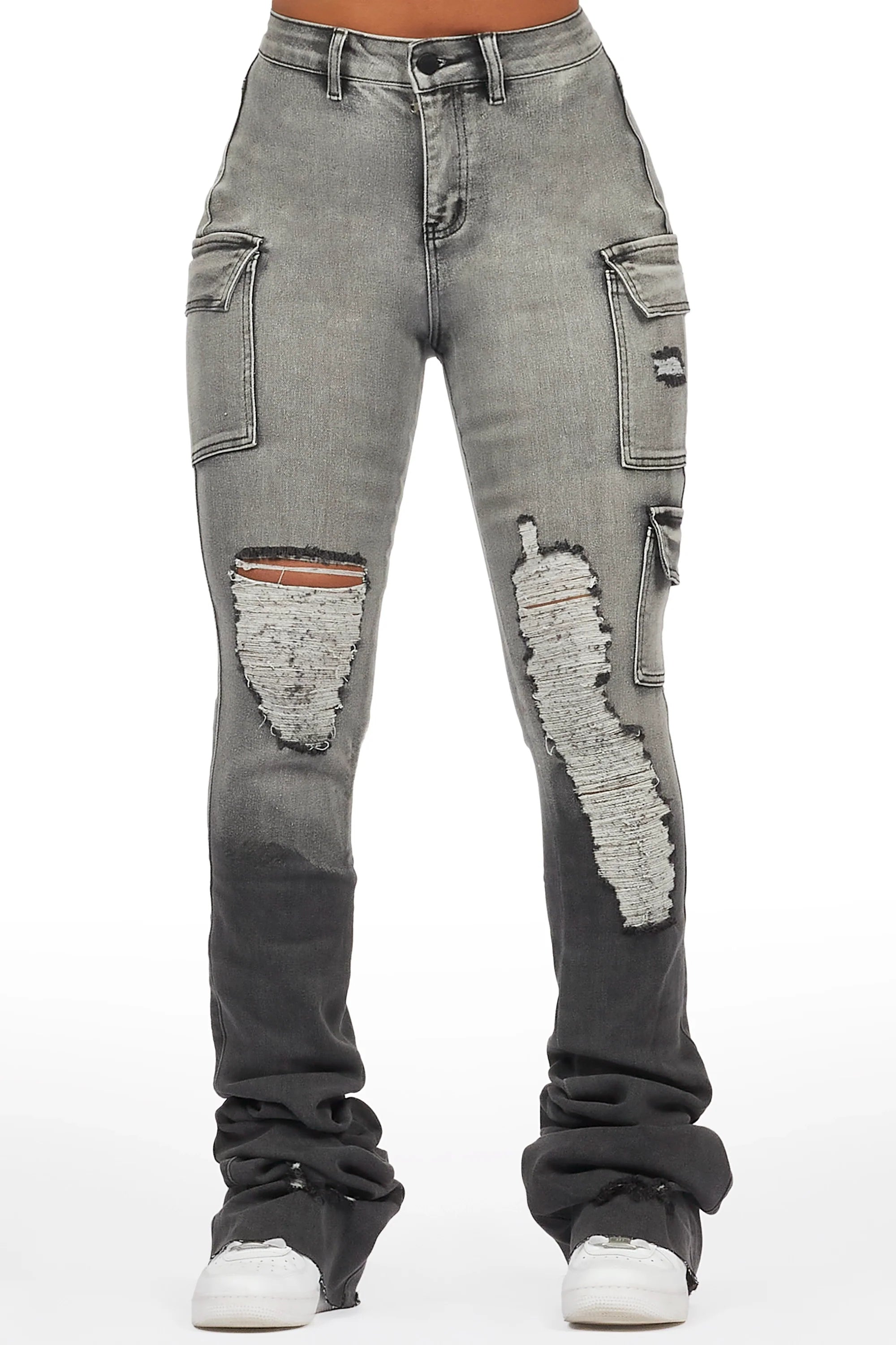 Vixen Grey Wash Distressed Cargo Super Stacked Jean
