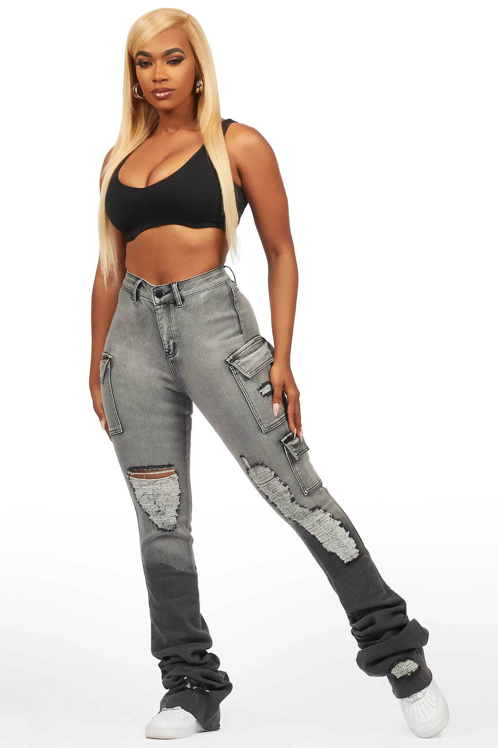 Vixen Grey Wash Distressed Cargo Super Stacked Jean