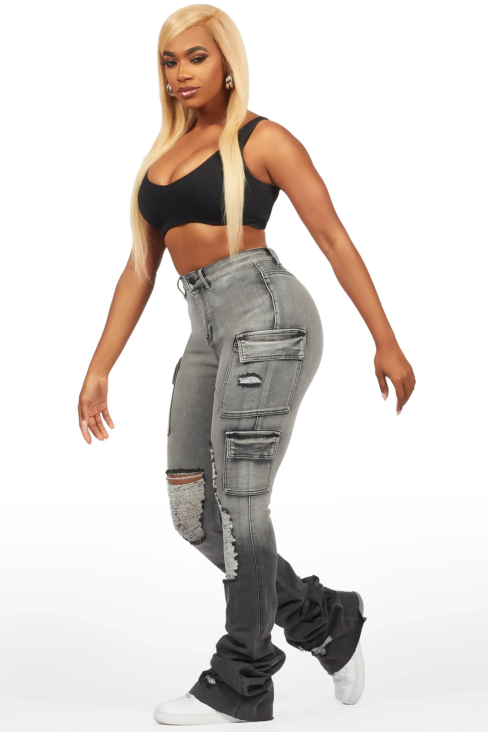 Vixen Grey Wash Distressed Cargo Super Stacked Jean