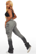 Vixen Grey Wash Distressed Cargo Super Stacked Jean