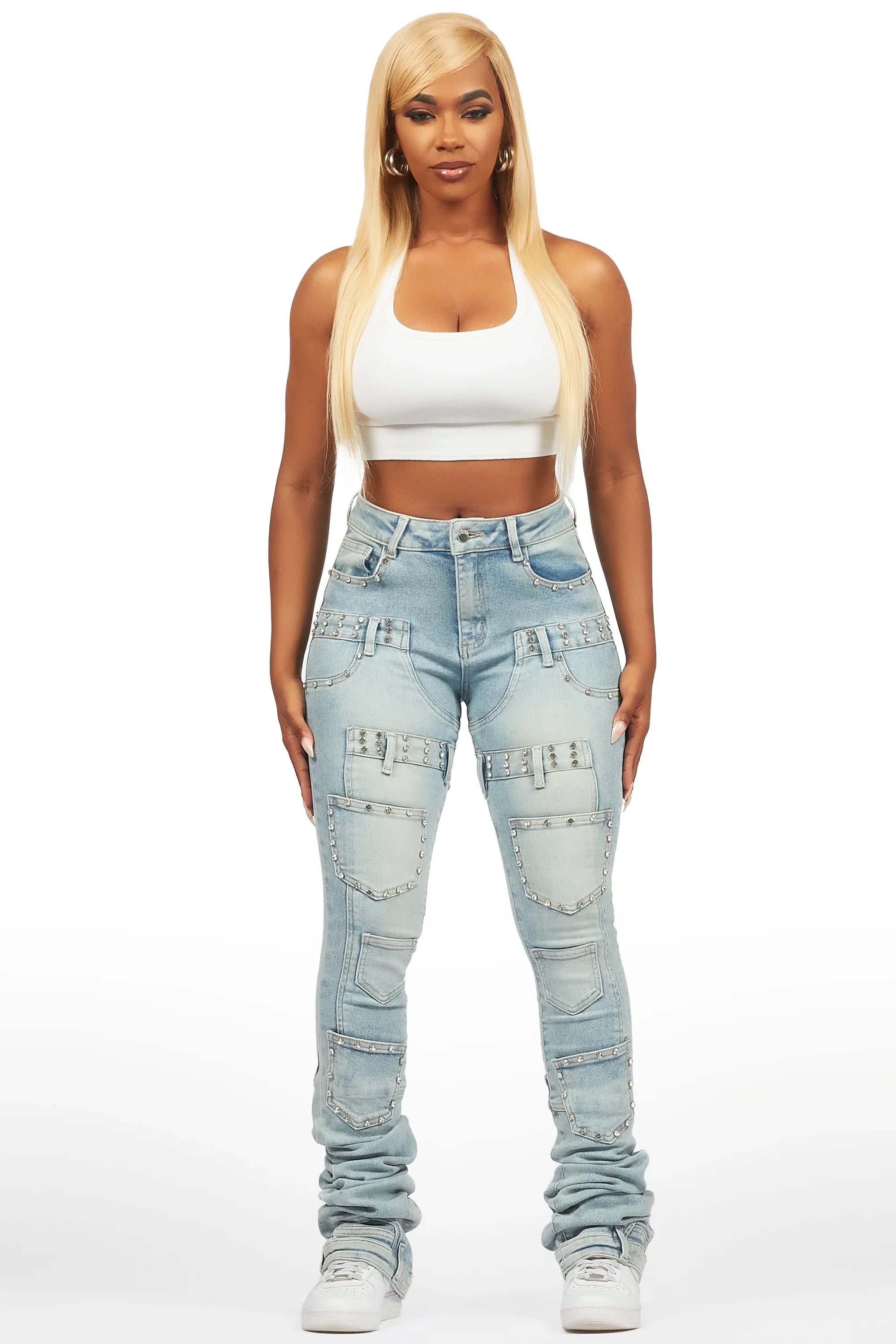 Vicky Light Wash Rhinestone Super Stacked Jean