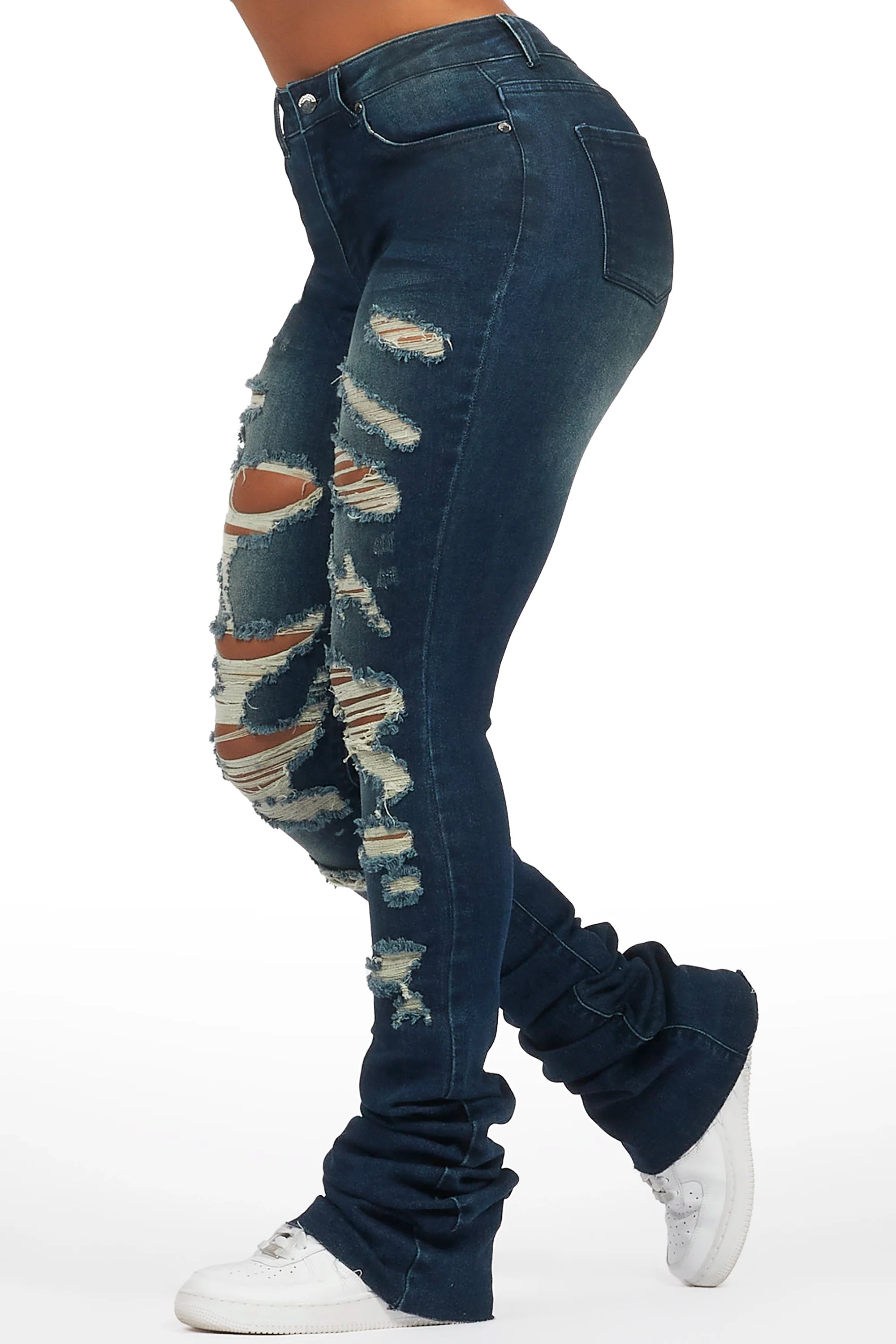 Teyja Dark Wash Distressed Super Stacked Jean