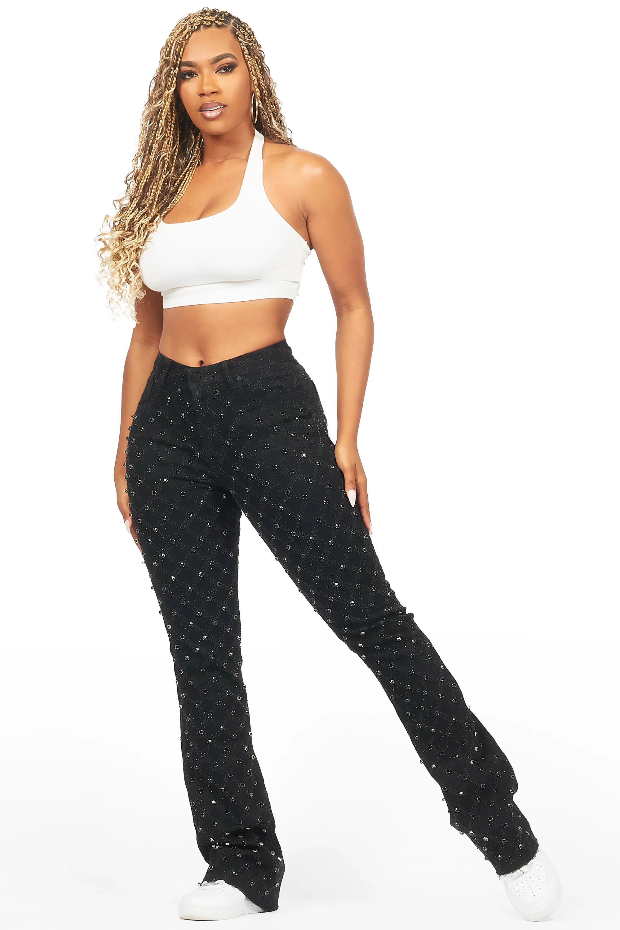 Sareka Black Rhinestone Stacked Flare Jean