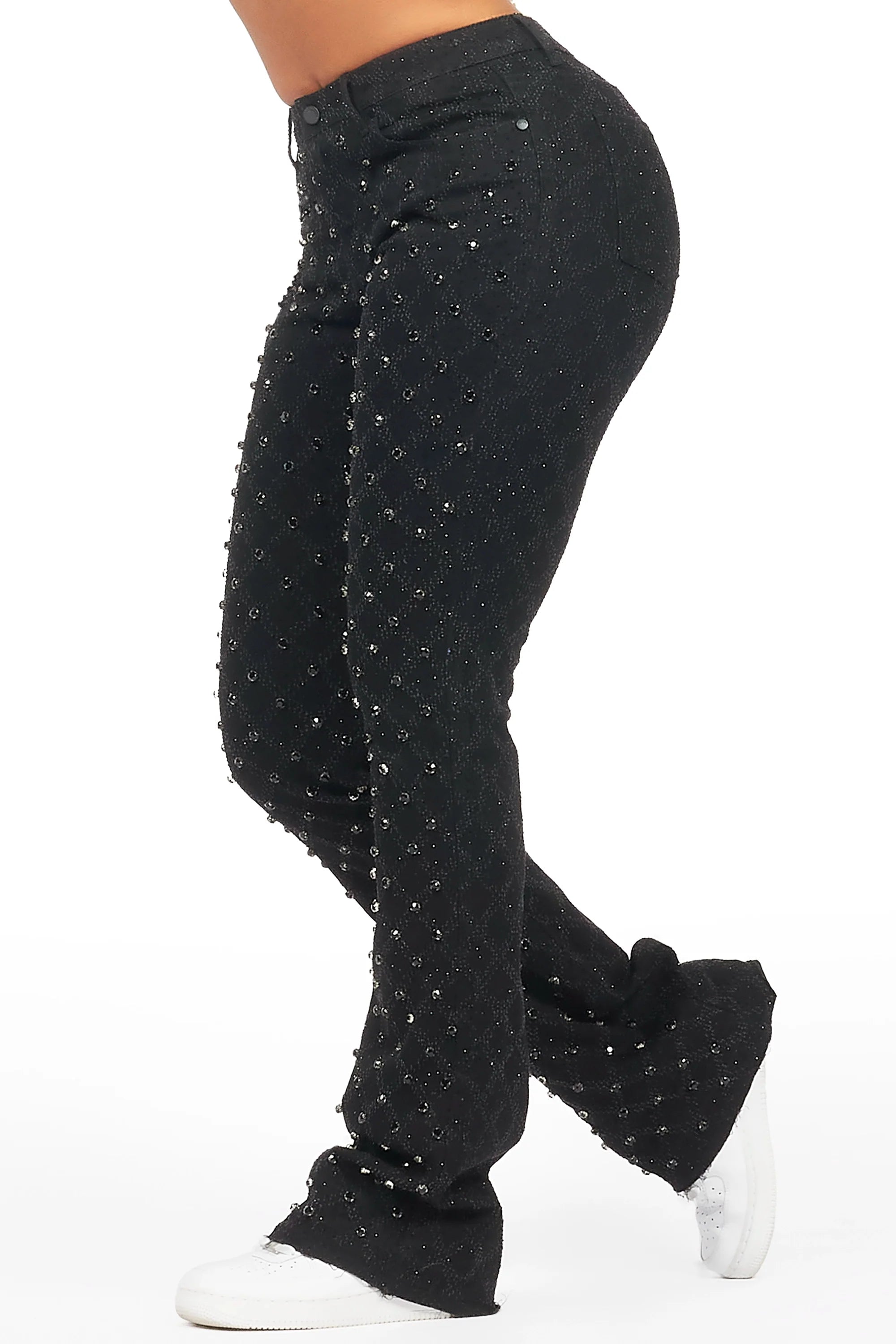 Sareka Black Rhinestone Stacked Flare Jean