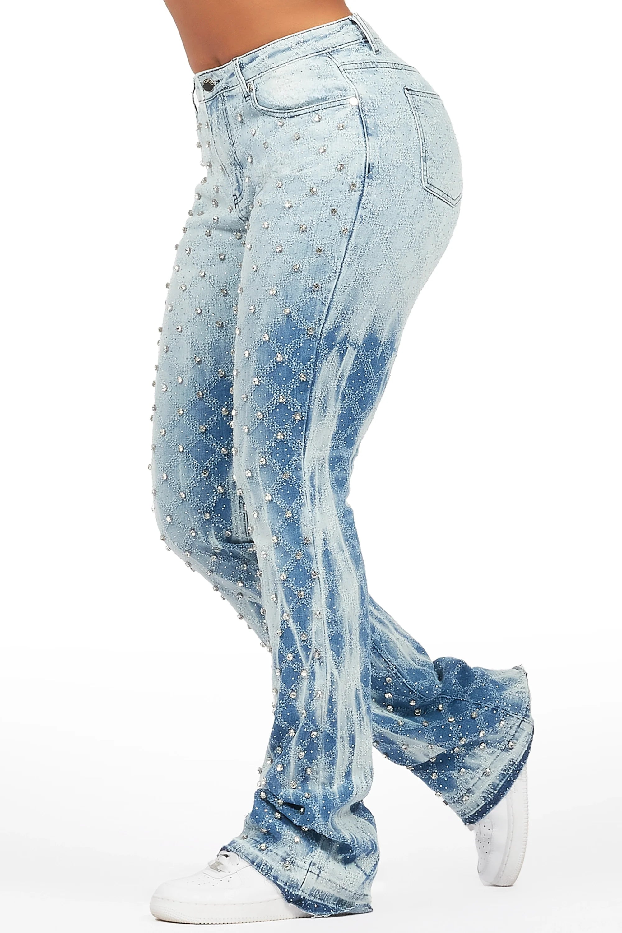 Sareka Light Wash Rhinestone Stacked Flare Jean