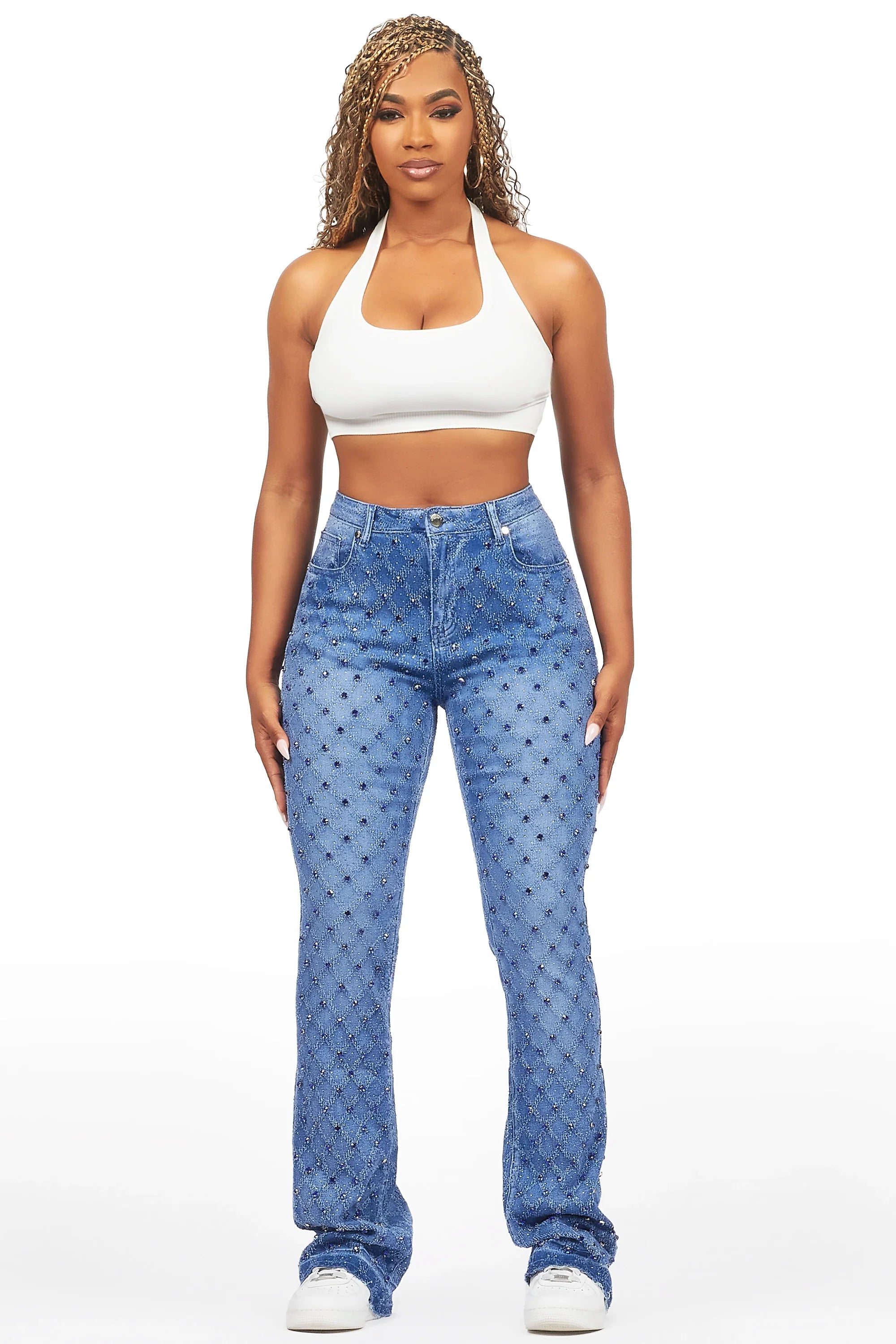 Sareka Royal Blue Rhinestone Stacked Flare Jean