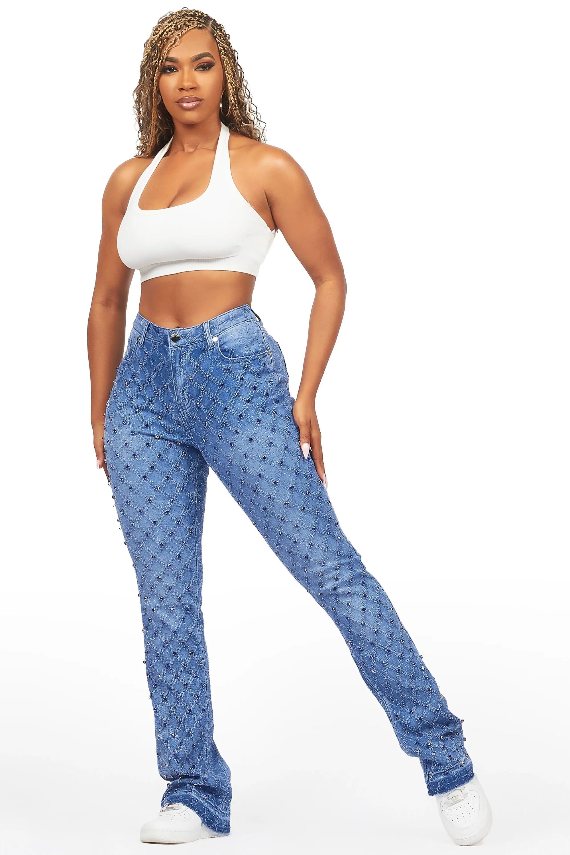 Sareka Royal Blue Rhinestone Stacked Flare Jean