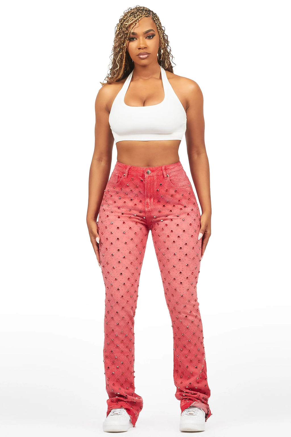 Sareka Red Rhinestone Stacked Flare Jean