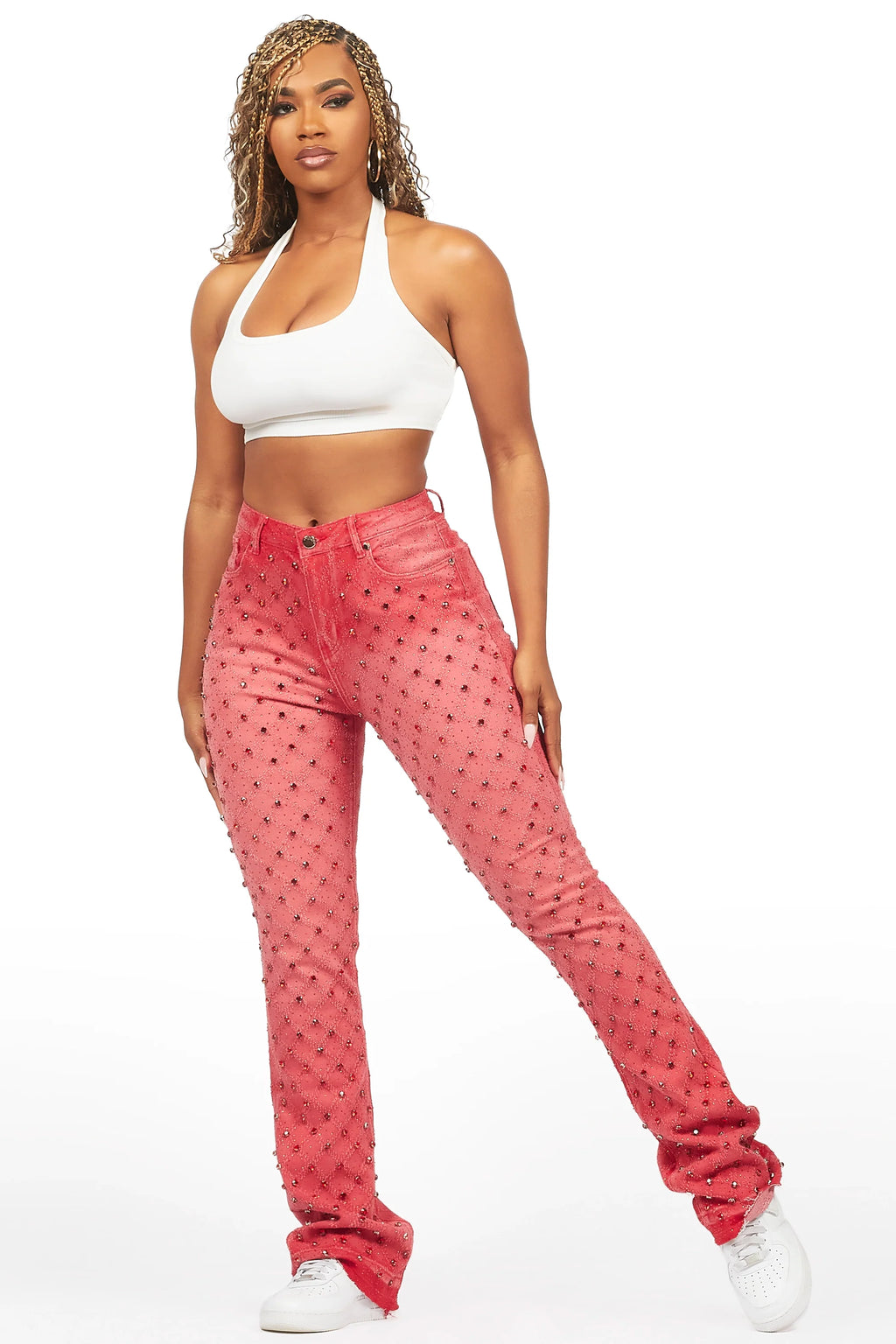 Sareka Red Rhinestone Stacked Flare Jean