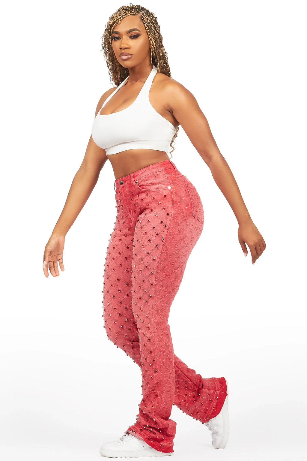 Sareka Red Rhinestone Stacked Flare Jean