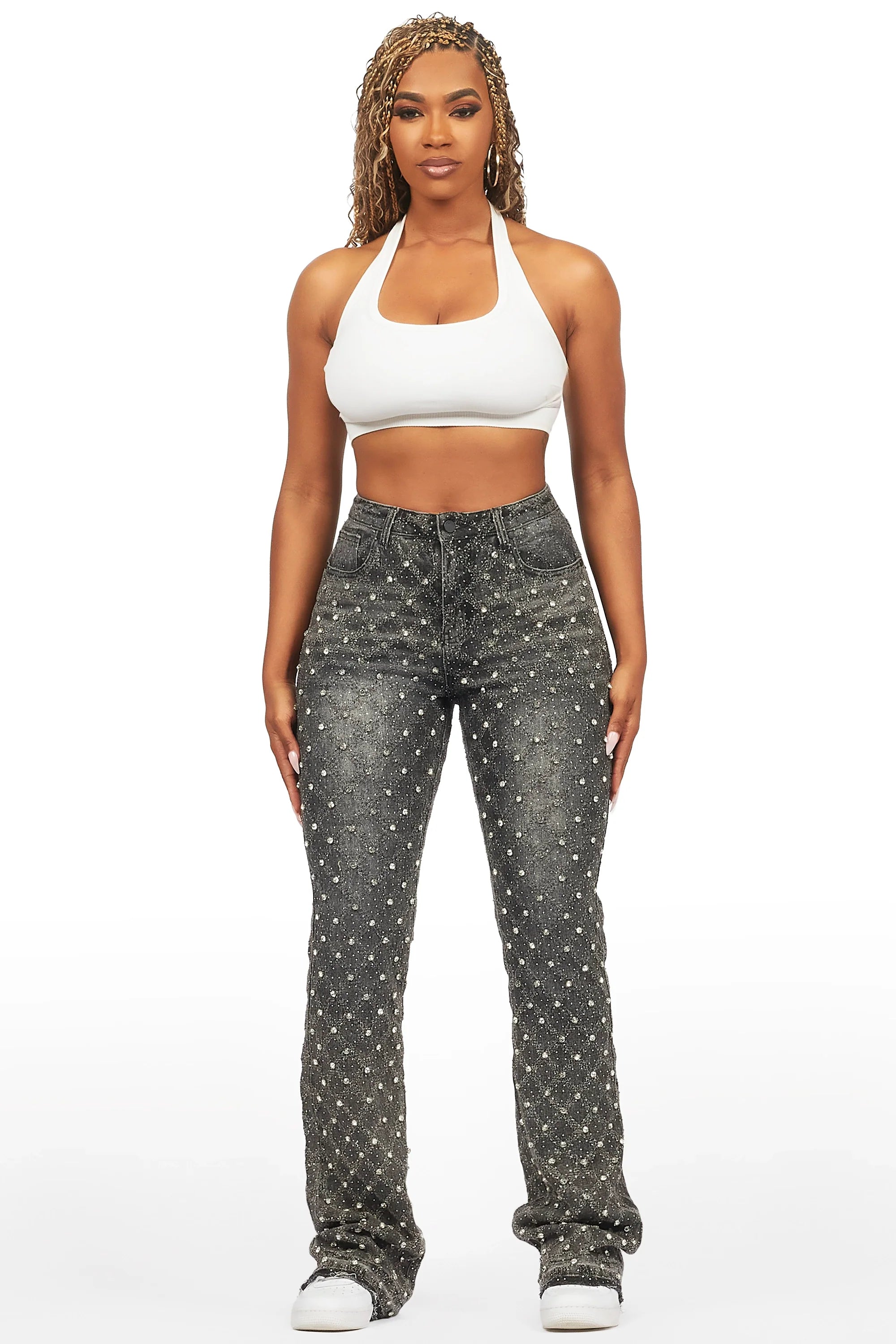 Sareka Grey Wash Rhinestone Stacked Flare Jean