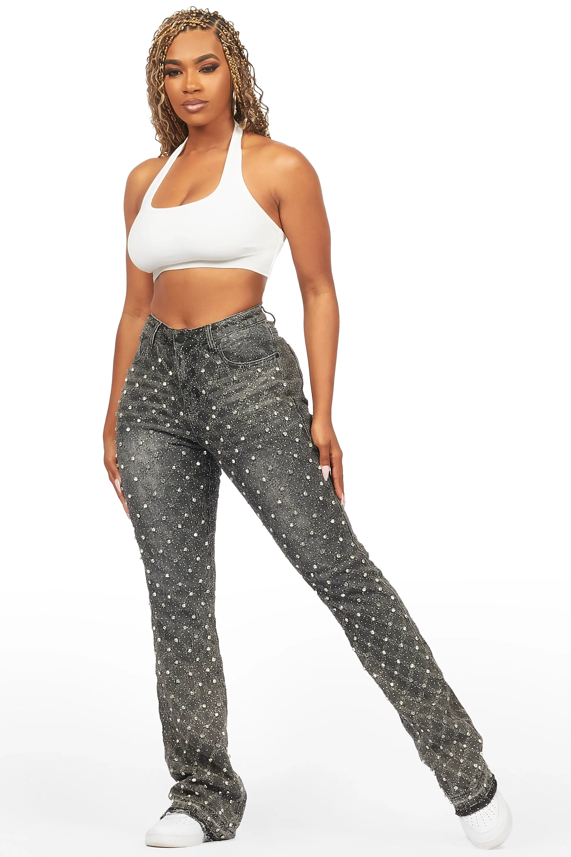 Sareka Grey Wash Rhinestone Stacked Flare Jean