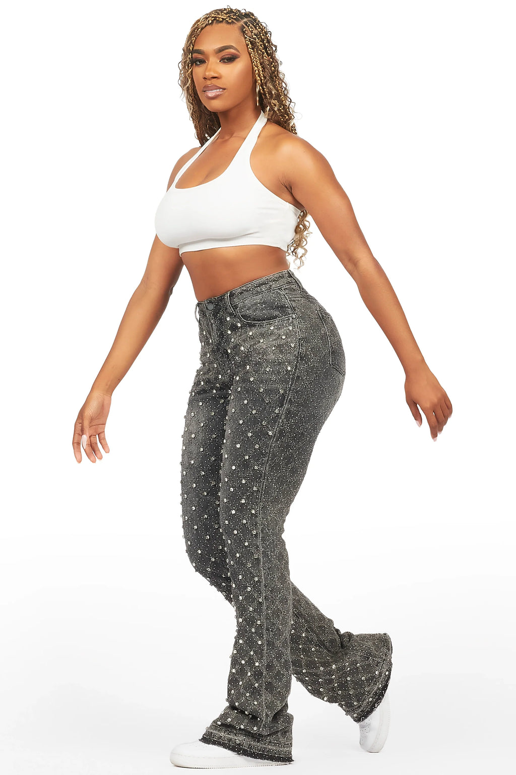 Sareka Grey Wash Rhinestone Stacked Flare Jean