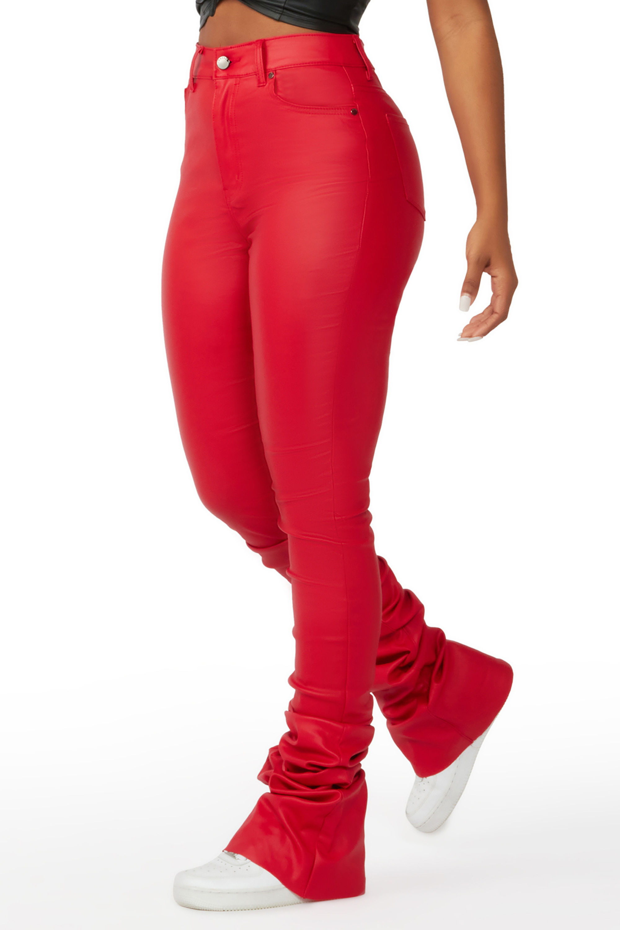 Pay Attention Red PU Super Stacked Flare Pant