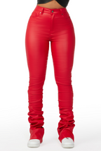 Pay Attention Red PU Super Stacked Flare Pant