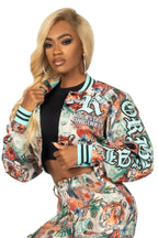 Rena Beige Crop Tapestry Varsity Jacket