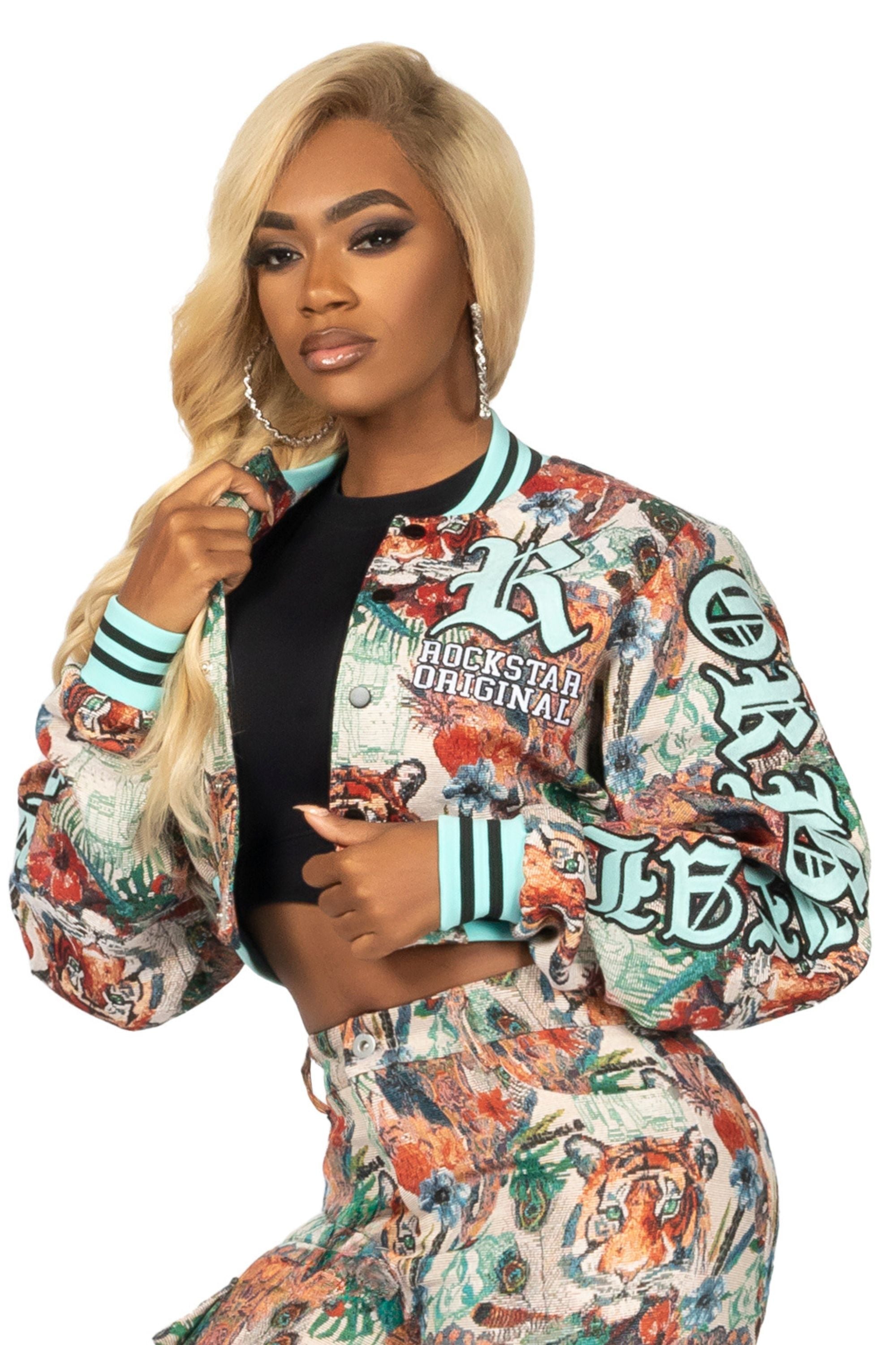 Rena Beige Crop Tapestry Varsity Jacket