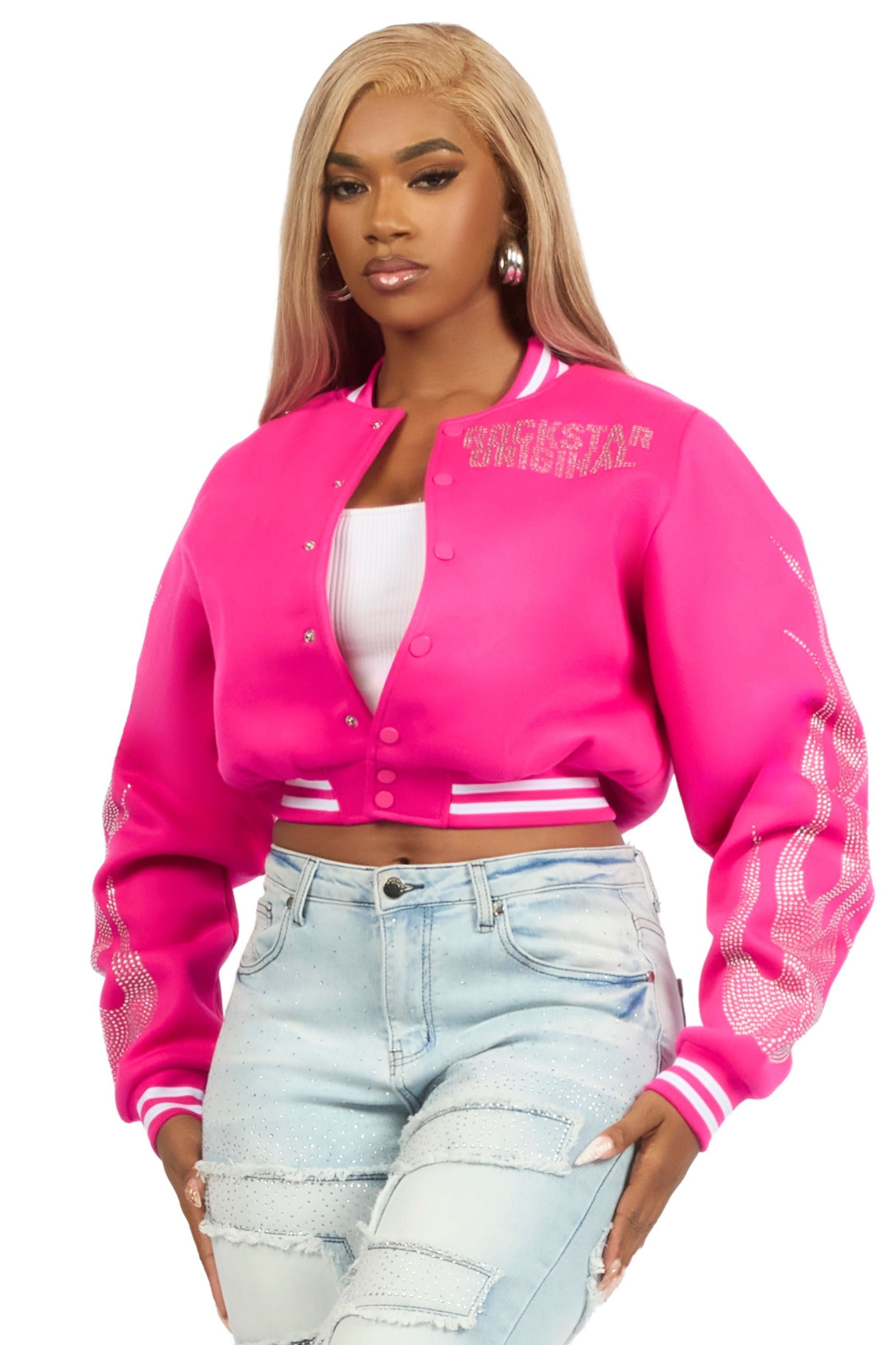 Beunca Hot Pink Rhinestone Varsity Jacket