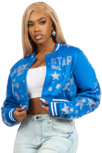 Shanda Royal Blue Crop Rhinestone Varsity Jacket