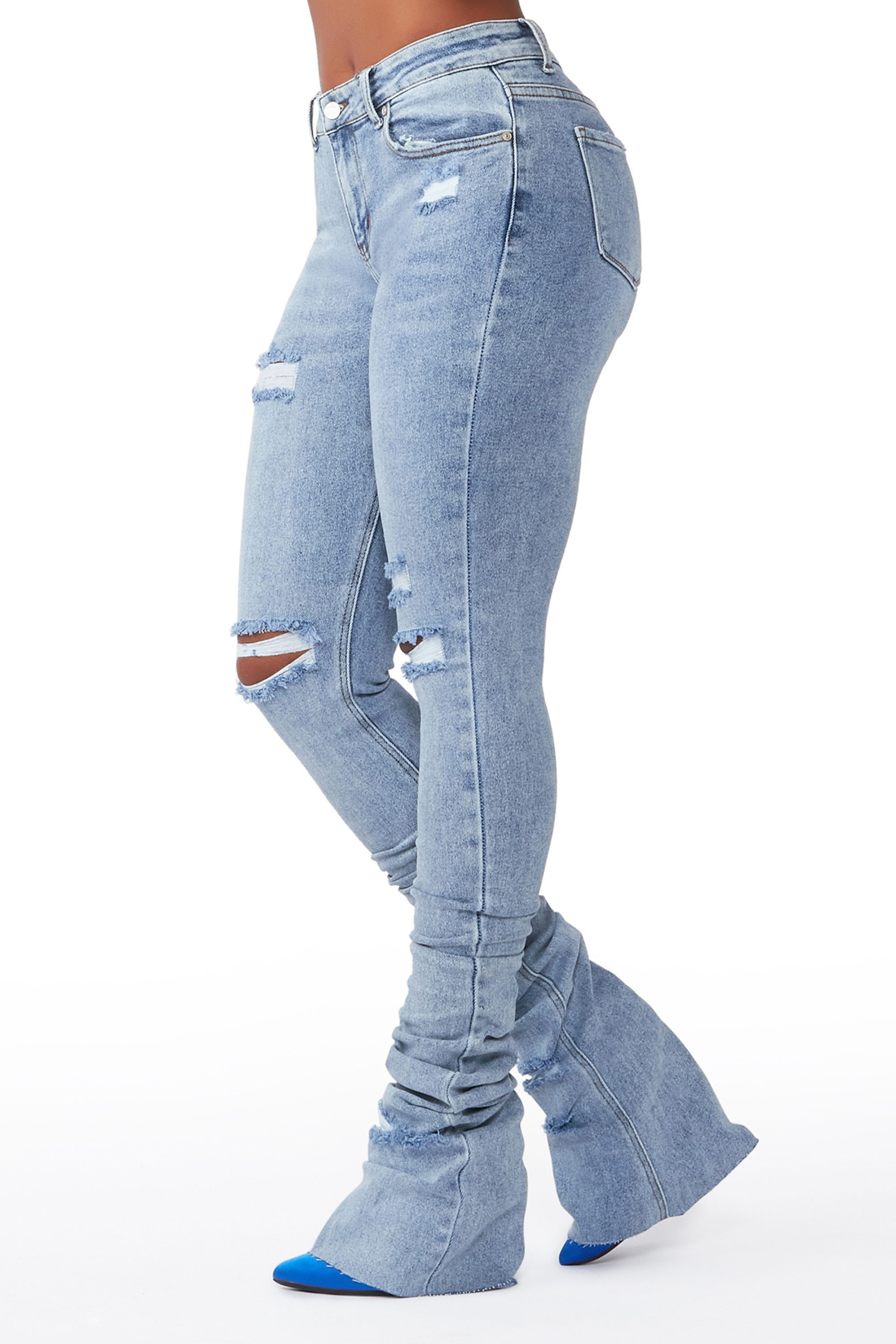 Playing Games Light Wash Distressed Super Stacked Jean