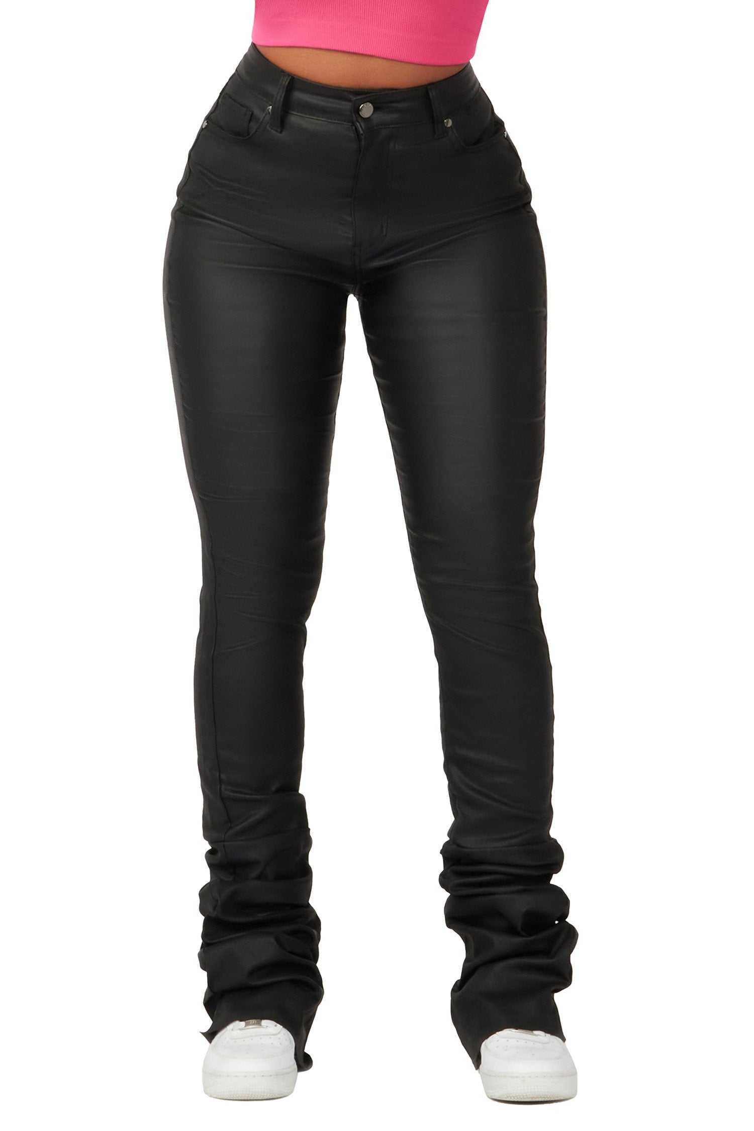 Pay Attention Black PU Super Stacked Flare Pant