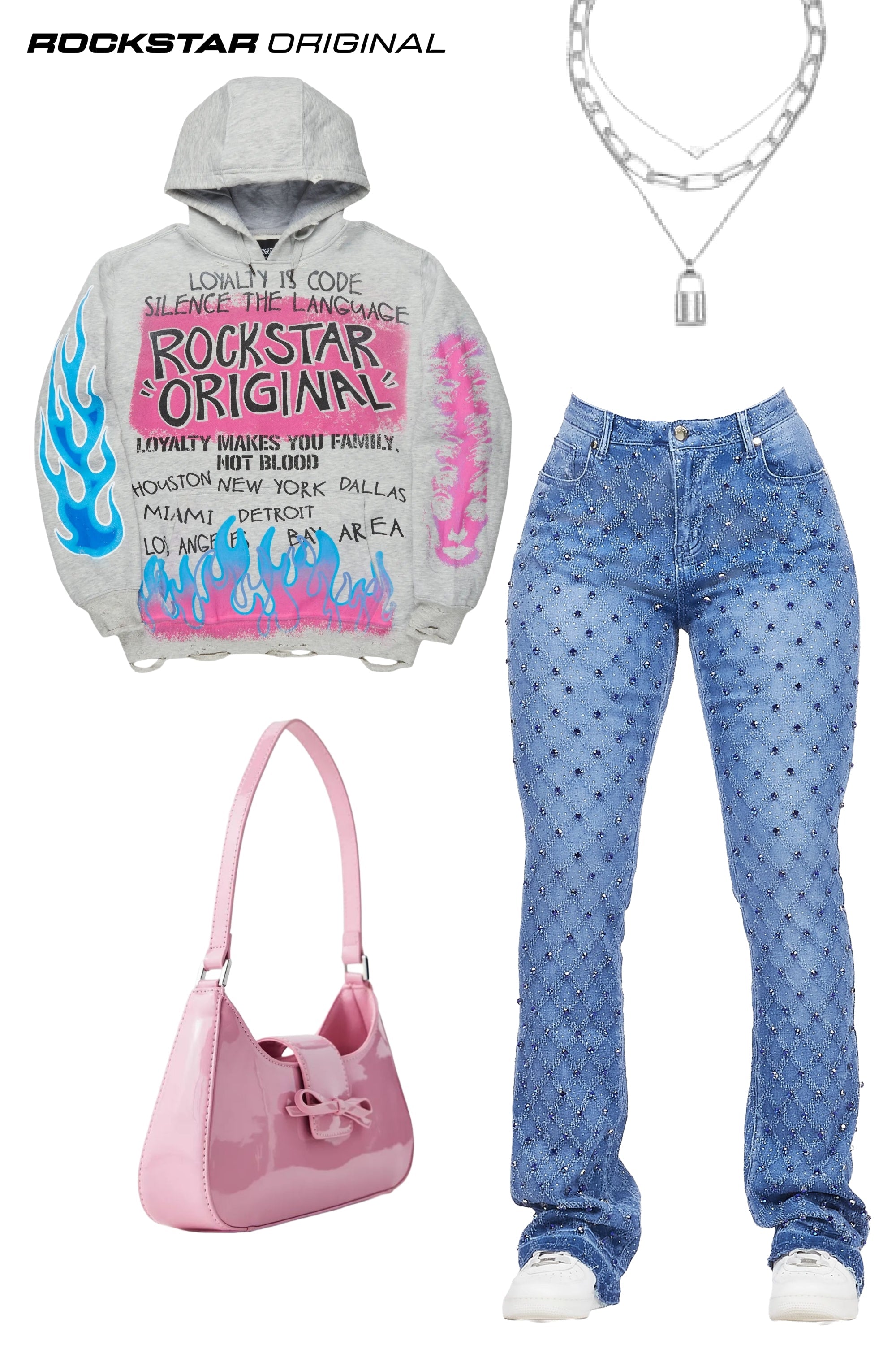 Sareka Royal Blue Rhinestone Stacked Flare Jean