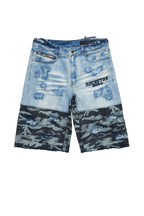 Santigo Blue/Grey Camo Camo Patchwork Denim Short