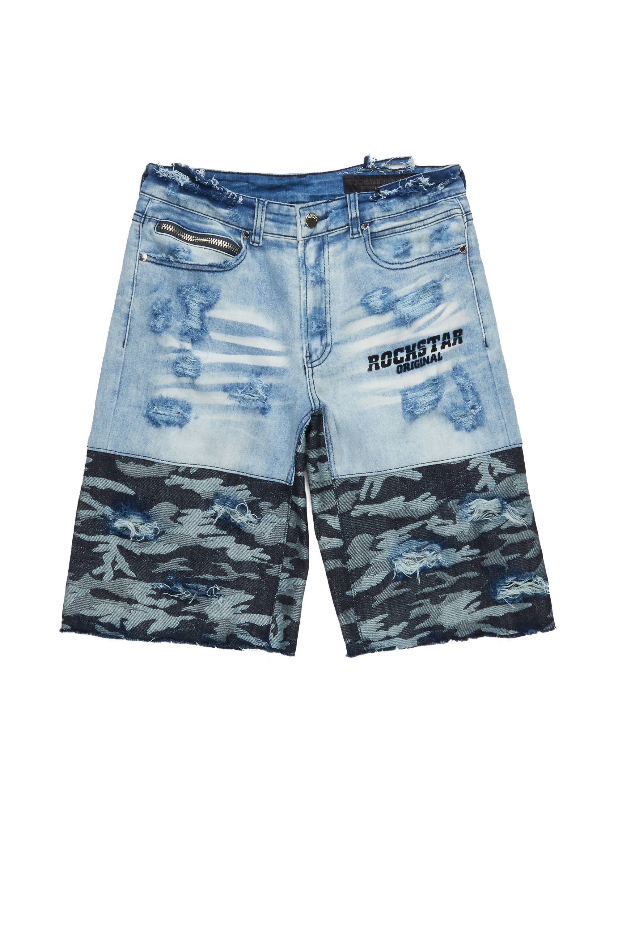 Santigo Blue/Grey Camo Camo Patchwork Denim Short