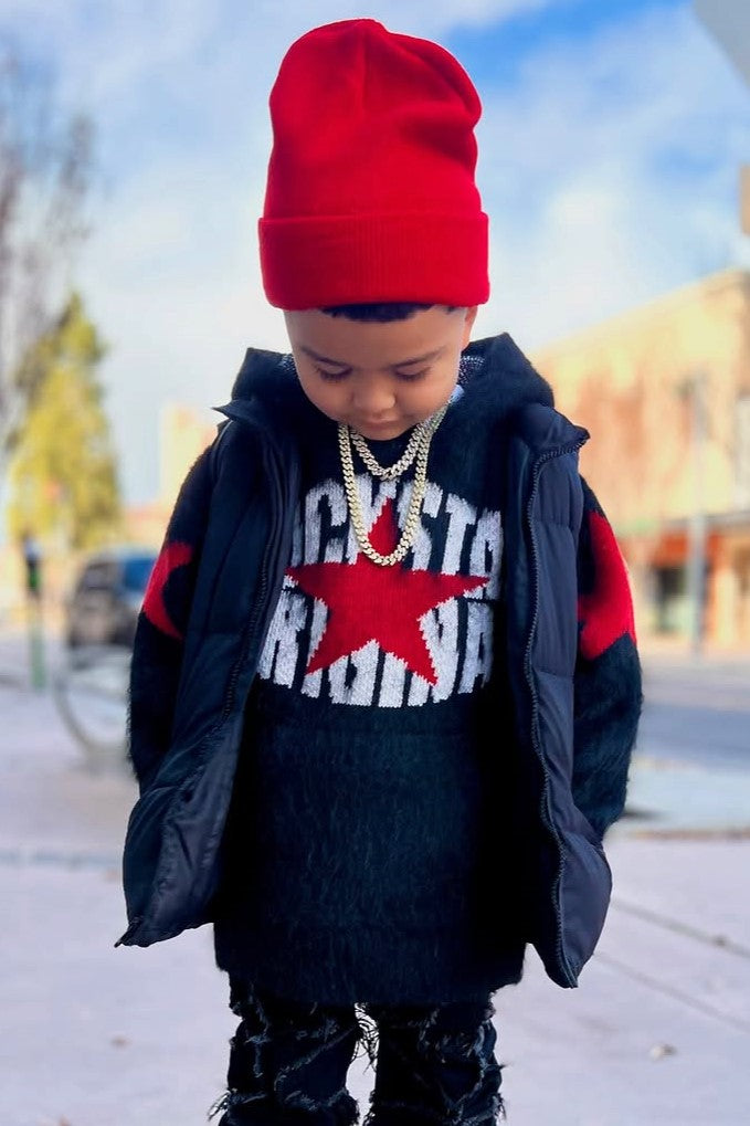 Boys States Black Graphic Knitted Mohair Hoodie