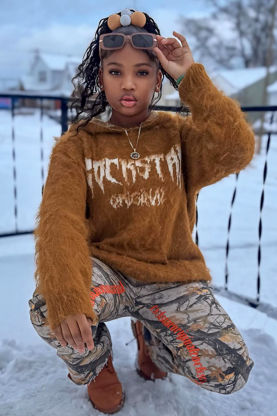 Girls Andreas Brown Graphic Knit Hoodie