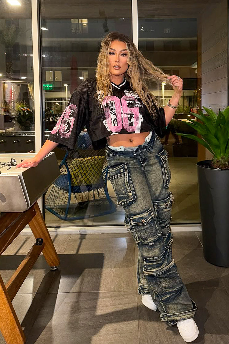 Nakia Tinted Dark Wash Cargo Wide Leg Jean