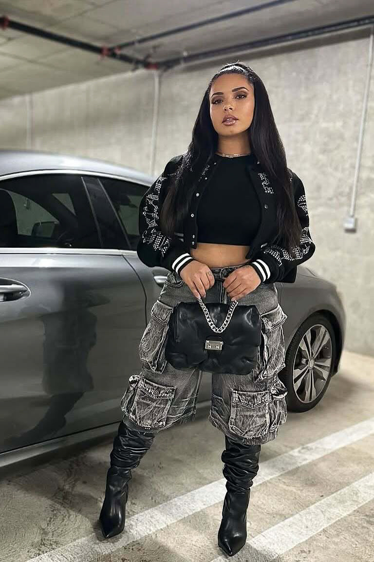 Gianni Black Crop Rhinestone Varsity Jacket