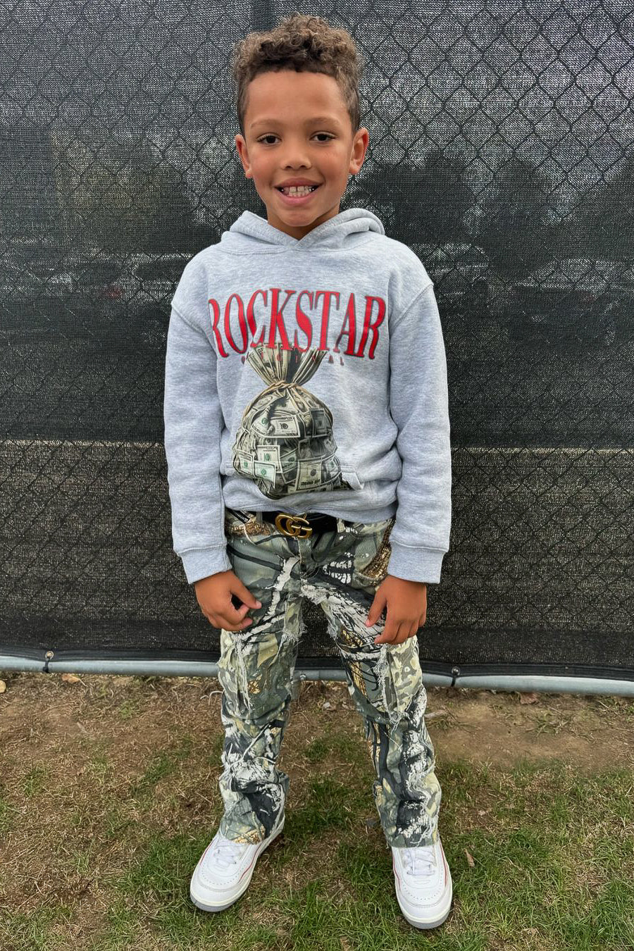 Boys Augustin Grey/Tree Camo Hoodie/Stacked Flare Jean Set