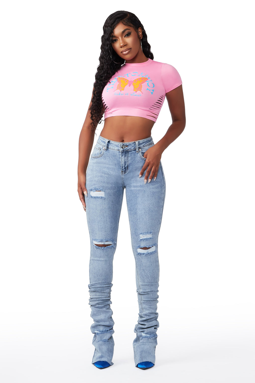 Playing Games Light Wash Distressed Super Stacked Jean