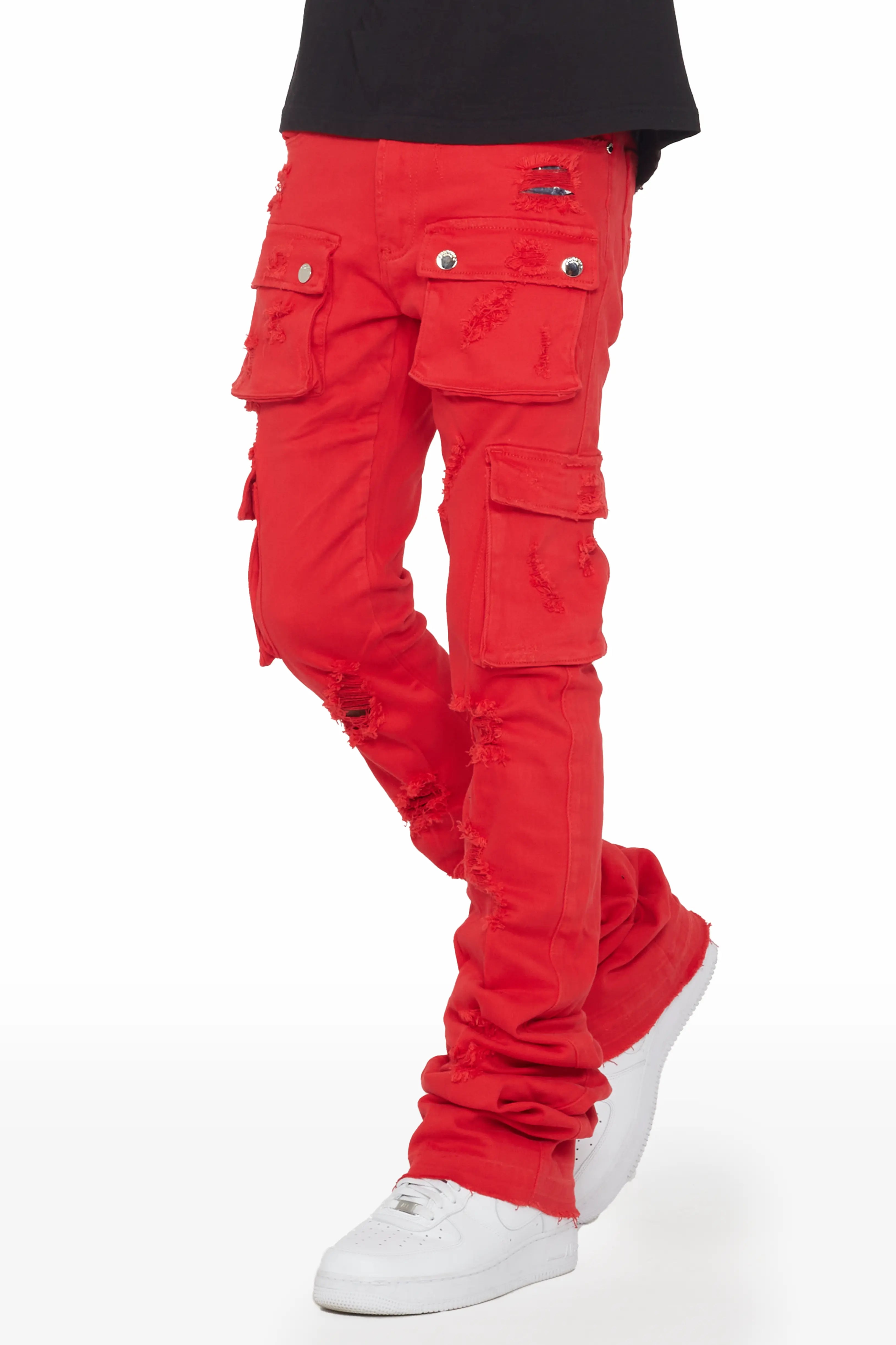 Zaire Red Cargo Super Stacked Flare Jean