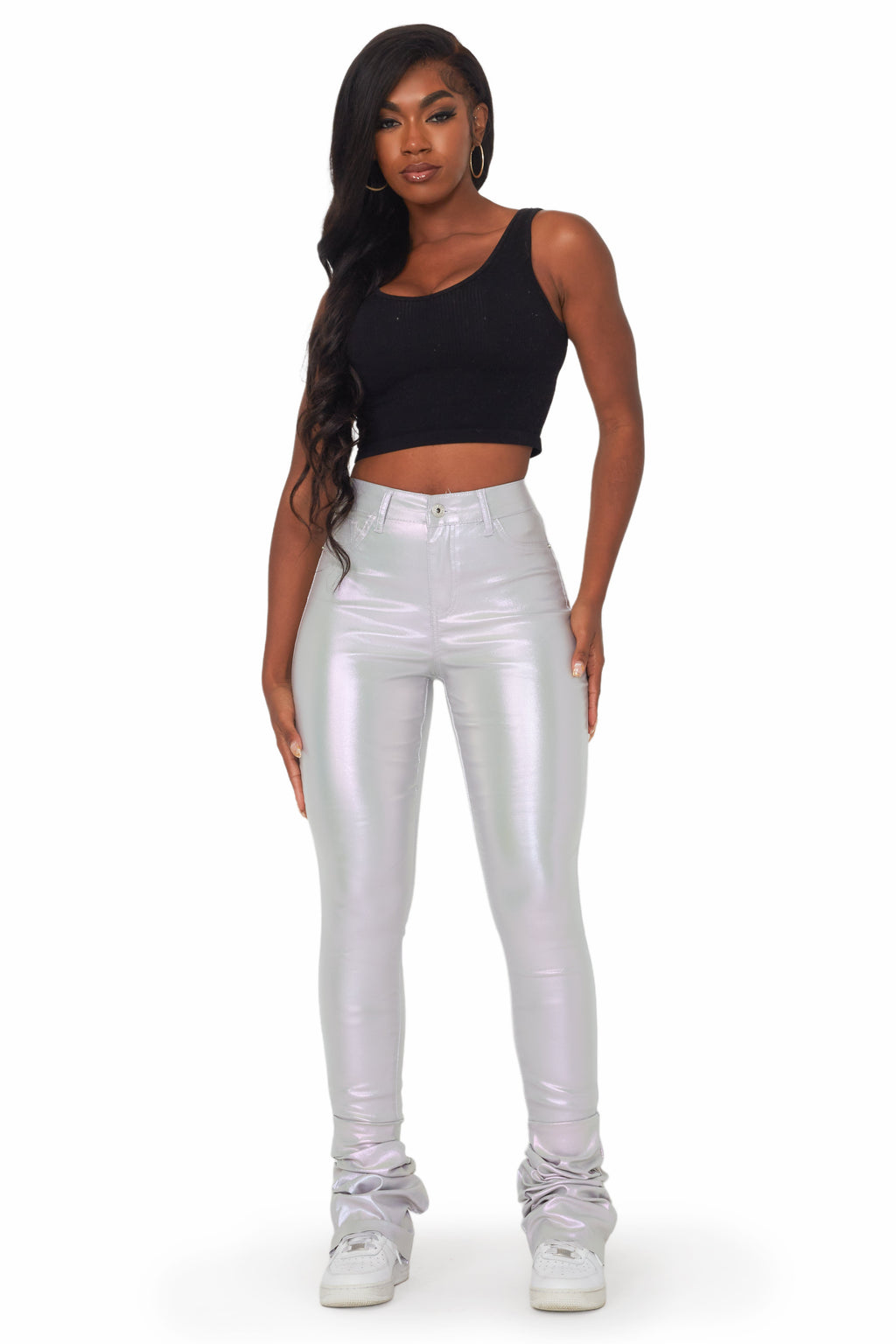 Zaniyah Metallic Silver PU Super Stacked Pant