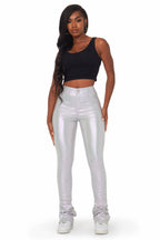 Zaniyah Metallic Silver PU Super Stacked Pant