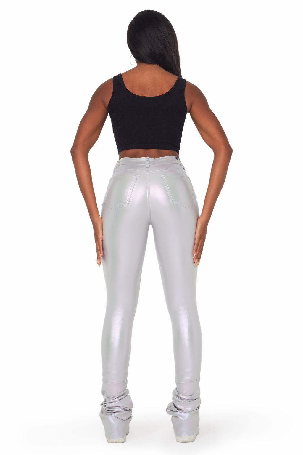Zaniyah Metallic Silver PU Super Stacked Pant