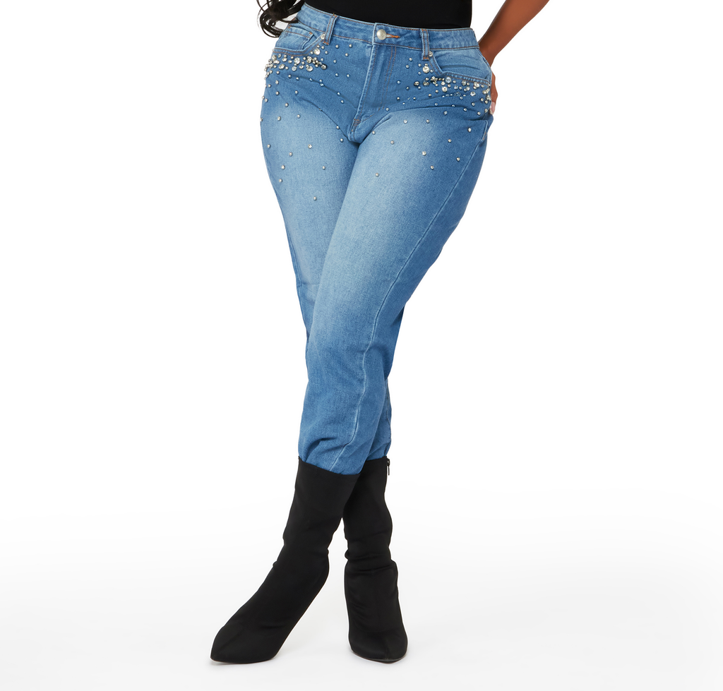 Lainee Med. Wash Rhinestone Detail Boyfriend Jean