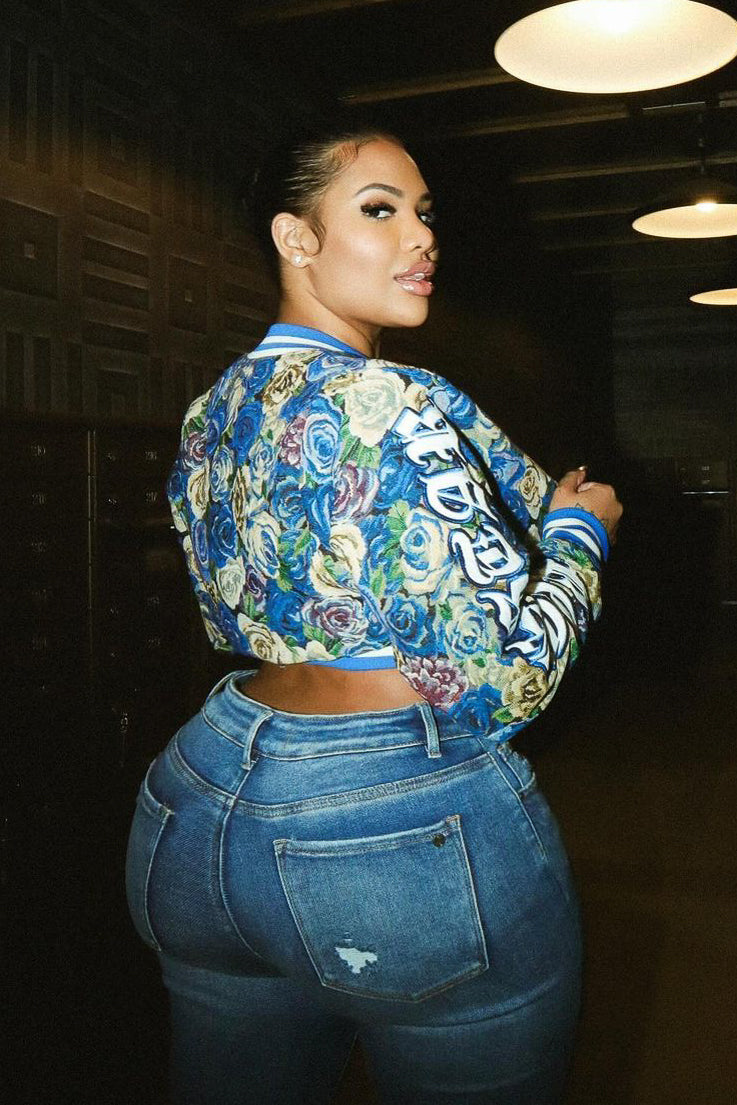 Darresha Blue Crop Tapestry Varsity Jacket